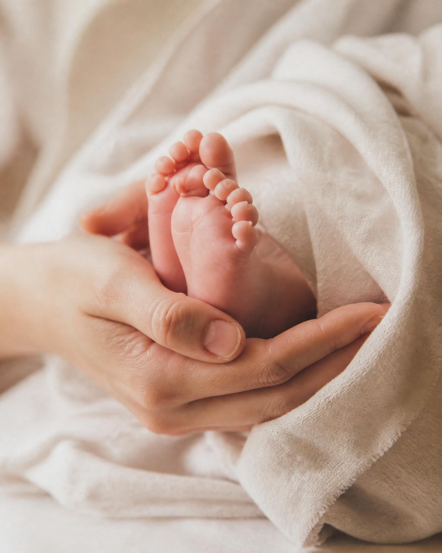 A parent's hands gently cradling their newborn's feet